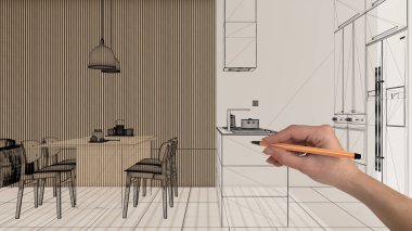 Mermer döşemeli boş beyaz döşeme, el çizimi özel mimari tasarım, siyah mürekkep çizimi, modern oturma ve yemek odasını gösteren plan, konsept, model, fikir