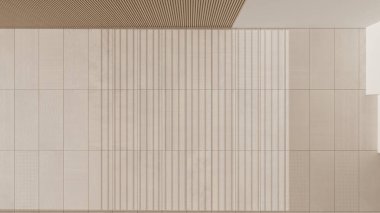 Boş oda iç tasarımı, mermer döşemeli açık alan, beyaz ve ahşap duvarlar, modern mimari fikir, üst görünüm, plan, yukarıda