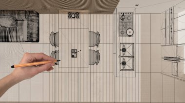 Mermer döşemeli boş beyaz döşeme, el çizimi özel mimari tasarım, siyah mürekkep çizimi, oturma ve yemek odasını gösteren plan, konsept, fikir, üst manzara, plan, yukarıda