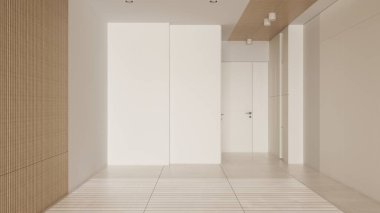 Boş oda iç tasarımı, mermer döşemeli açık alan, beyaz ve ahşap duvarlar, modern mimari fikir.