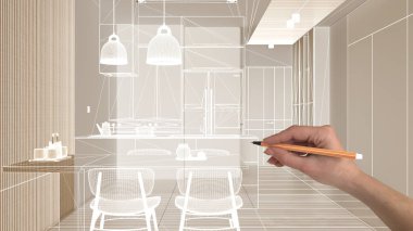 Mermer döşemeli boş beyaz döşeme, el yapımı mimari tasarım, beyaz mürekkep çizimi, modern oturma ve yemek odasını gösteren plan, konsept, model, fikir.