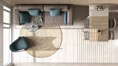 Bej renkte modern oturma odası ve ahşap duvar detayları, kanepe, sandalyeli yemek masası, adalı mutfak ve aletler. Mermer zemin, iç tasarım, üst görünüm, yukarıdaki plan