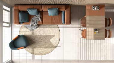 Turuncu tonlarda modern oturma odası ve ahşap duvar ayrıntıları, kanepe, sandalyeli yemek masası, adalı mutfak ve aletler. Mermer zemin, iç tasarım, üst görünüm, yukarıdaki plan