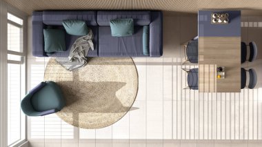 Mor tonlarda modern oturma odası ve ahşap duvar ayrıntıları, kanepe, sandalyeli yemek masası, adalı mutfak ve aletler. Mermer zemin, iç tasarım, üst görünüm, yukarıdaki plan