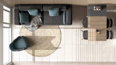 Gri tonlu modern oturma odası ve ahşap duvar detayları, kanepe, sandalyeli yemek masası, adalı mutfak ve aletler. Mermer zemin, iç tasarım, üst görünüm, yukarıdaki plan