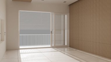 Boş oda iç tasarımı, geniş panoramik pencereli açık alan mermer döşemeli zemin, beyaz ve ahşap duvarlar, venedik panjurları, modern mimari fikri.