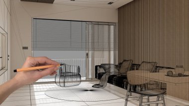 Mermer döşemeli boş beyaz döşeme, el çizimi özel mimari tasarım, siyah mürekkep çizimi, modern oturma ve yemek odasını gösteren plan, konsept, model, fikir