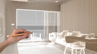 Mermer döşemeli boş beyaz döşeme, el yapımı mimari tasarım, beyaz mürekkep çizimi, modern oturma ve yemek odasını gösteren plan, konsept, model, fikir.