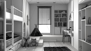 Modern minimalist çocukların yatak odası, ringa kemiği parke döşemesi, ranza, oyuncaklı dolaplar, kuklalar ve dekorlar, halı, çadır, iç dizayn fikri.