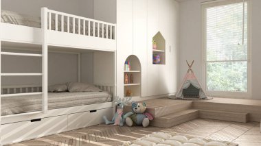 Modern minimalist çocuklar için beyaz pastel renkte yatak odası, ringa kemiği parke döşeme, ranza, oyuncaklı dolaplar, kuklalar ve dekorlar, yumuşak halı, çadır, iç tasarım fikri