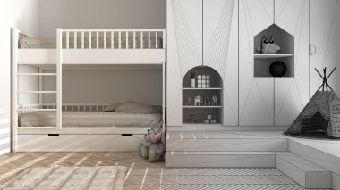 Mimari iç mimar konsepti: tamamlanmamış proje gerçek, minimalist çocuk odası, parke döşeme, ranza, oyuncak ve dekorlu dolaplar, tasarım fikri