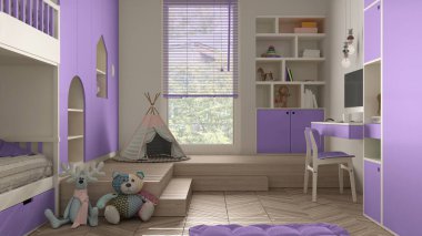 Modern minimalist çocukların yatak odası mor pastel renkte, parke zemin, ranza, oyuncak, kukla ve dekorlu dolaplar, yumuşak halı, çadır, iç dizayn fikri