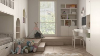 Arka plan bulanık tasarım, modern minimalist çocuklar için yatak odası, ringa kemiği parke döşeme, ranza, oyuncaklı dolaplar, kuklalar ve dekorlar, halı, çadır, konsept fikri.