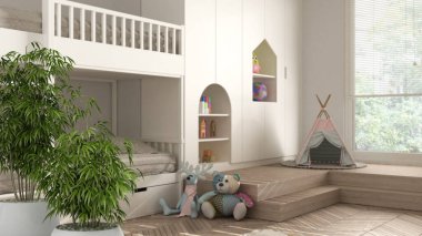 Zen iç döşeme, saksı bambu bitkisi, doğal iç tasarım konsepti, modern minimalist çocukların yatak odası, meşe parke döşeme, ranza, oyuncaklı dolap, iç dizayn fikri