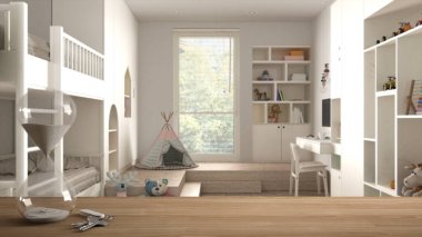 Ahşap masa, masa ya da raf kristal modern kum saati ile çocukların yatak odası, iç tasarım, fotokopi alanı arkaplanı üzerine bir geri sayıma kadar geçen zamanı ölçüyor.