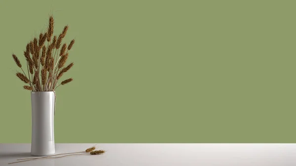 Plateau Blanc Étagère Avec Vase Poterie Avec Pailles Plantes Sèches — Photo