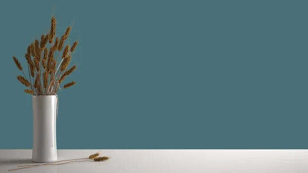 Plateau Blanc Étagère Avec Vase Poterie Avec Pailles Plantes Sèches — Photo