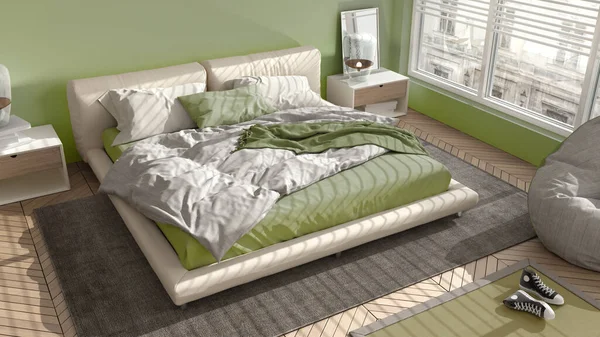Современная Спальня Зеленых Тонах Большое Панорамное Окно Двуспальная Кровать Ковром — стоковое фото
