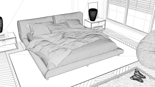 Proje taslağı, modern yatak odası, büyük panoramik pencere, halı ve puf kaplı çift yatak, herringbone parke zemin, minimal iç tasarım, plan, üst manzara, mimari