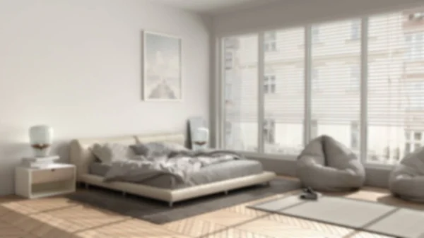 Blur Fundo Design Interiores Quarto Moderno Grande Janela Panorâmica Cama — Fotografia de Stock
