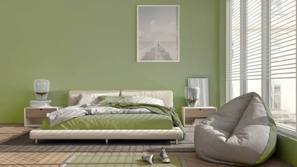 緑のパステル調のトーンでモダンなベッドルーム 大きなパノラマウィンドウ カーペットとPouffとダブルベッド Herringbone寄木細工の床 最小限のインテリアデザイン リラックスしたコンセプトのアイデア — ストック写真