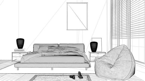 Проект Відбитка Сучасна Спальня Велике Панорамне Вікно Двоспальне Ліжко Килимом — стокове фото