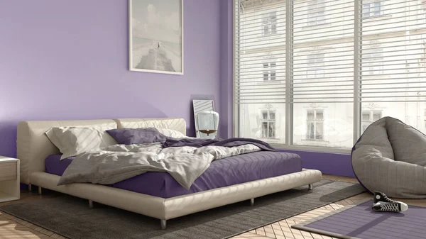 Современная Спальня Фиолетовых Тонах Большое Панорамное Окно Двуспальная Кровать Ковром — стоковое фото