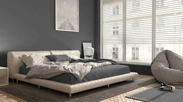 现代卧房 色调灰暗柔和 全景大窗 双人床 地毯和书包 鲱鱼窝地板 简约的室内设计 放松的理念 — 图库照片