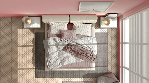Современная Спальня Розовых Тонах Большое Панорамное Окно Двуспальная Кровать Ковром — стоковое фото