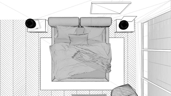 Proyecto Proyecto Anteproyecto Dormitorio Moderno Gran Ventana Panorámica Cama Doble —  Fotos de Stock