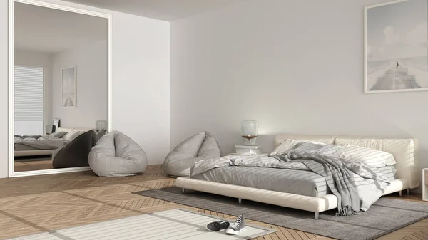Modern Bedroom Bright Pastel Tones Big Panoramic Window Double Bed — Stock Photo, Image