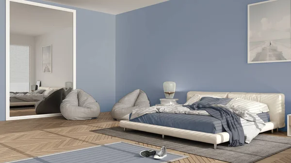 Dormitorio Moderno Tonos Pastel Azules Gran Ventana Panorámica Cama Doble —  Fotos de Stock