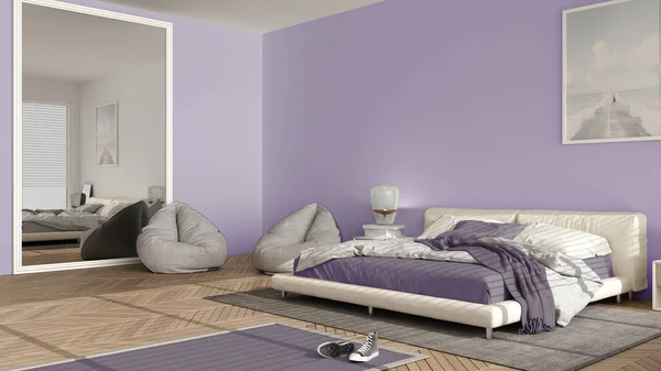 Quarto Moderno Tons Pastel Violeta Grande Janela Panorâmica Cama Casal — Fotografia de Stock