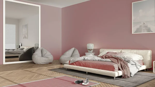 Pembe Renkte Modern Yatak Odası Büyük Panoramik Pencere Halı Puf — Stok fotoğraf