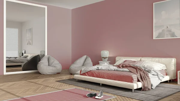 Modern Bedroom Pink Pastel Tones Big Panoramic Window Double Bed — Stock Photo, Image