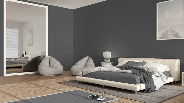 Dormitorio Moderno Tonos Grises Pastel Gran Ventana Panorámica Cama Doble —  Fotos de Stock