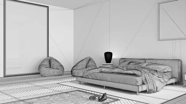 Onafgewerkt Project Van Moderne Slaapkamer Groot Panoramisch Raam Tweepersoonsbed Met — Stockfoto