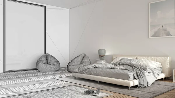 Arquitecto Concepto Diseñador Interiores Proyecto Inacabado Que Convierte Real Dormitorio —  Fotos de Stock