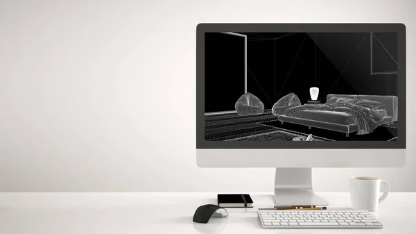 하우스 프로젝트 배경의 데스크톱 컴퓨터 Cad 스케치를 인테리어 디자인을 현대식 — 스톡 사진