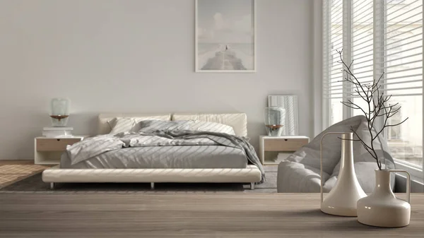 ダブルベッド 大理石のタイルの床 ミニマリスト建築のインテリアデザインとぼやけた現代的な白い寝室の上に木製のテーブルの上や棚 — ストック写真