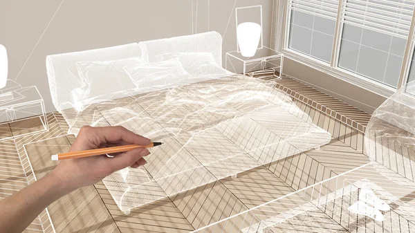 Empty White Interior Wooden Parquet Floor Hand Drawing Custom Architecture — Stock Photo, Image