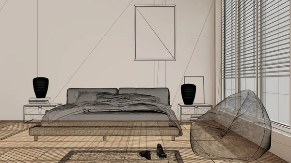 주름살이 바닥이 프로젝트 스케치 현대적 침실을 청사진 아이디어 — 스톡 사진