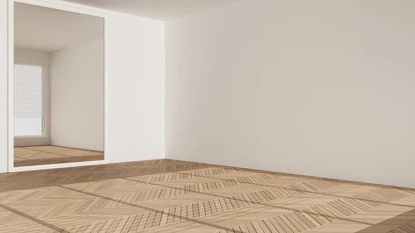 空の部屋のインテリアデザイン 大きなパノラマウィンドウでオープンスペース Herringbone寄木細工の木製の床 白い壁 ベネチアンブラインド 現代建築のアイデア — ストック写真