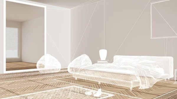 Leeres Weißes Interieur Mit Weißen Wänden Und Fischgrätparkett Maßgeschneidertes Architekturdesign — Stockfoto