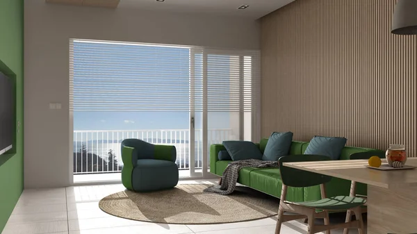緑の色調と木製の詳細 海のパノラマ上のパノラマの窓 ラウンドカーペット付きのソファとアームチェア ダイニングテーブル 島のモダンなリビングルーム 大理石の床 インテリアデザイン — ストック写真