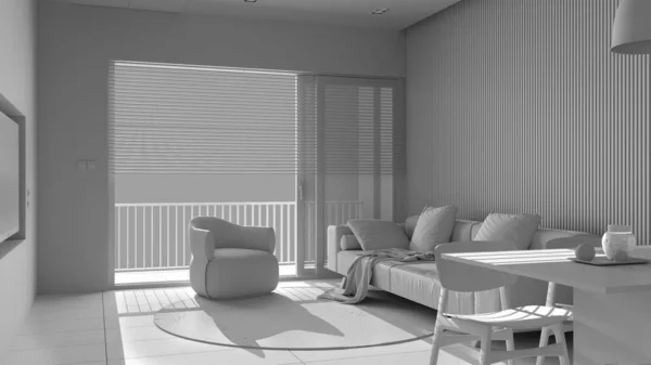Projet Blanc Total Salon Moderne Fenêtre Panoramique Canapé Fauteuil Avec — Photo