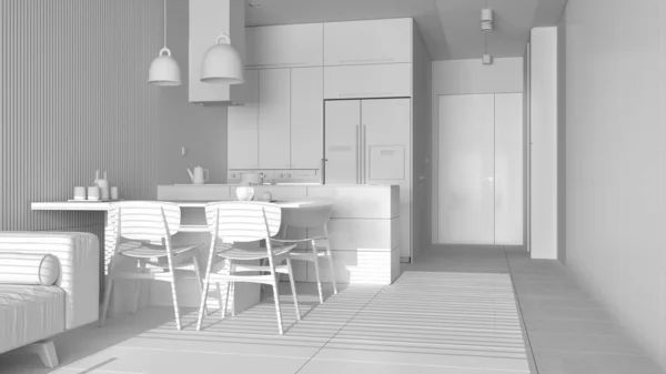 ソファ付きのモダンなリビングルームの総白のプロジェクト 椅子付きのダイニングテーブル 家電製品やペンダントランプ付きのキッチン 大理石の床 インテリアデザイン — ストック写真