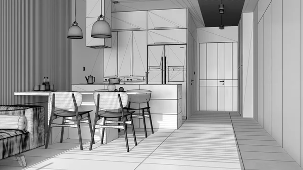 Nedokončený Projekt Moderního Obývacího Pokoje Pohovkou Jídelním Stolem Židlemi Kuchyní — Stock fotografie