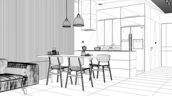 Návrh Projektu Moderní Obývací Pokoj Pohovkou Jídelní Stůl Židlemi Kuchyň — Stock fotografie