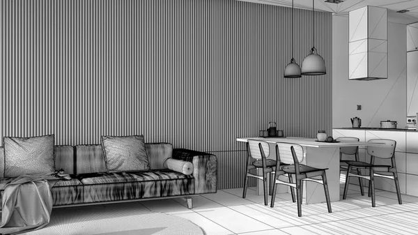 Projeto Inacabado Sala Estar Moderna Com Sofá Mesa Jantar Com — Fotografia de Stock